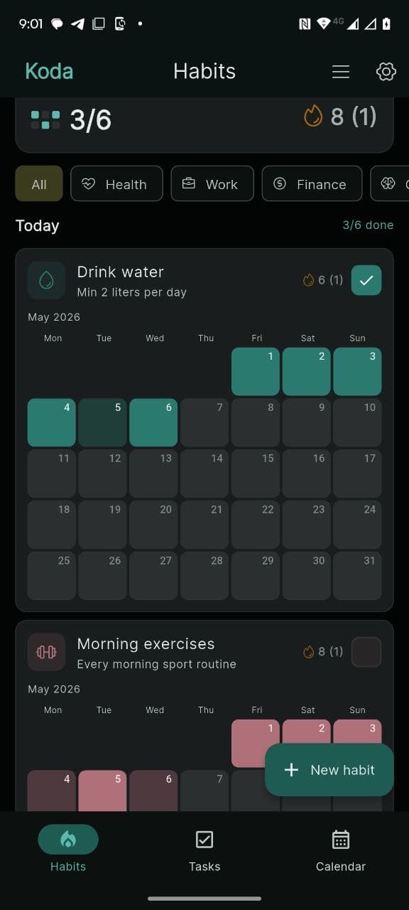 Koda — habits home screen